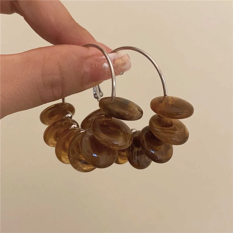 铜合金树脂耳饰 法式复古咖色晕染亚克力串珠小众耳圈高级感耳环