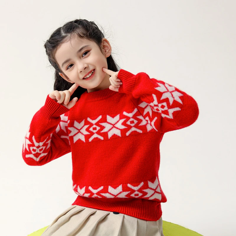 儿童半高领双股加厚100%纯羊毛衫雪花圣诞新年款针织打底毛衣保暖
