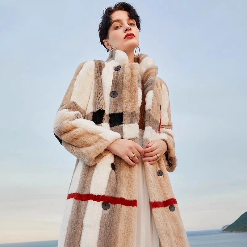 Besfunny2025新款加厚天鹅绒水貂整貂立领貂皮大衣女中长款皮草
