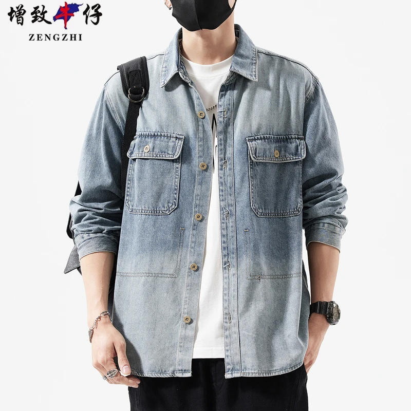 ZENGZHI/增致牛仔春秋季男士牛仔外套衬衫潮流复古休闲宽松衬衣潮