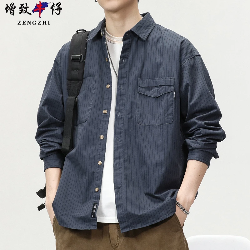 ZENGZHI/增致牛仔早秋男士休闲衬衫外套宽松衬衣纯棉条纹薄款深色