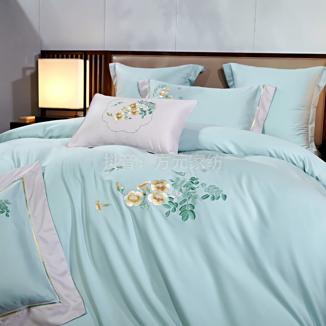 不用秋冬款青语qy蓝艾阳绒四件套磨毛绣花艾草纤维升温天丝工艺