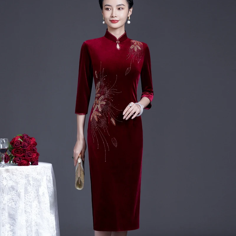 儿子婚礼妈妈礼服连衣裙喜婆婆婚宴装秋冬季母亲旗袍裙金丝绒喜服