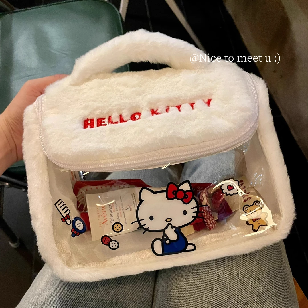 正版可爱hellokitty化妆包毛绒手提化妆包高颜值大容量洗漱包便携