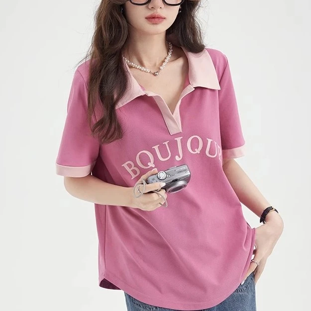 大码女装撞色POLO领短袖t恤女正肩遮肉显瘦夏季微胖mm美式上衣潮