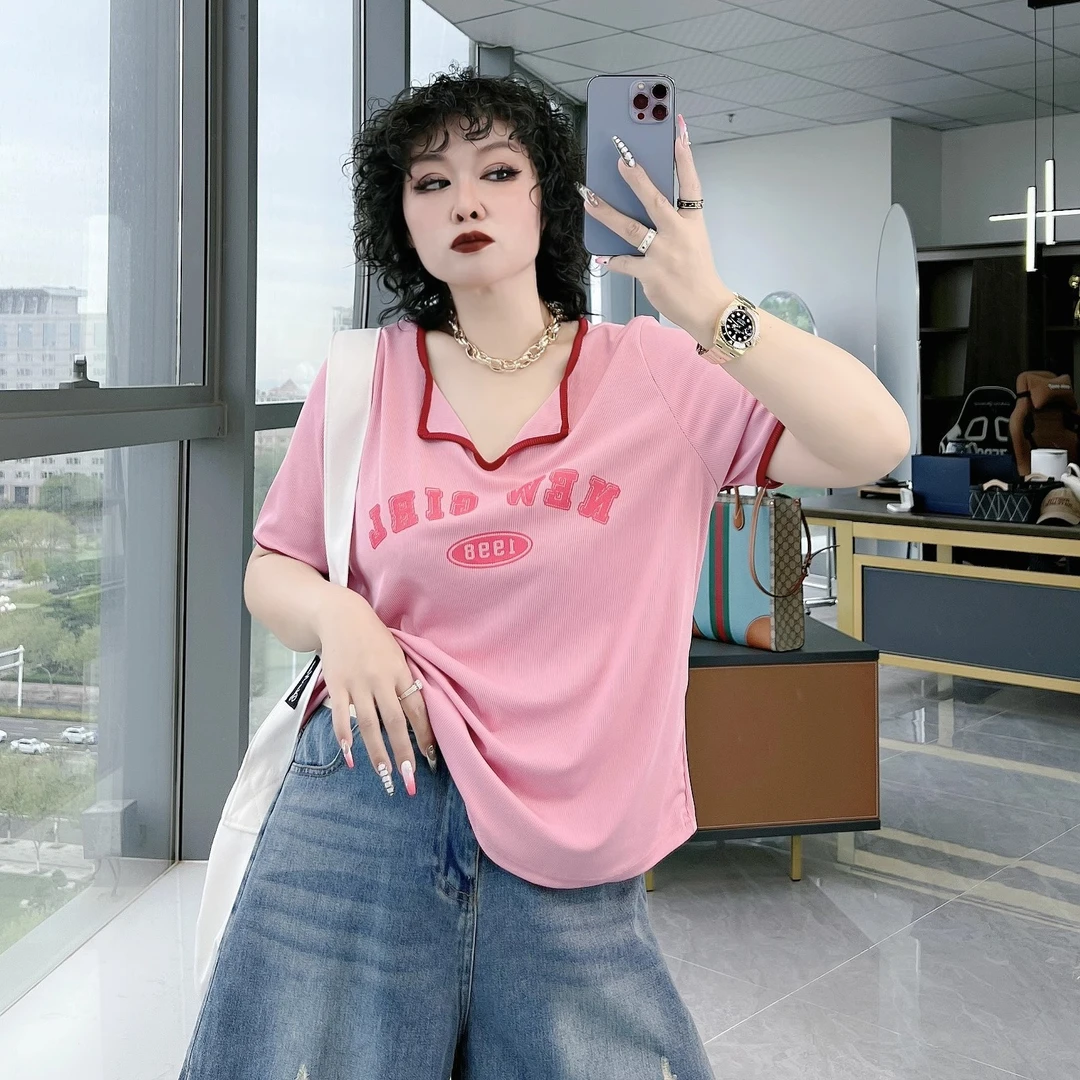 小众V领T恤大码小心机设计感女装200斤胖MM短袖POLO衫潮遮肚上衣