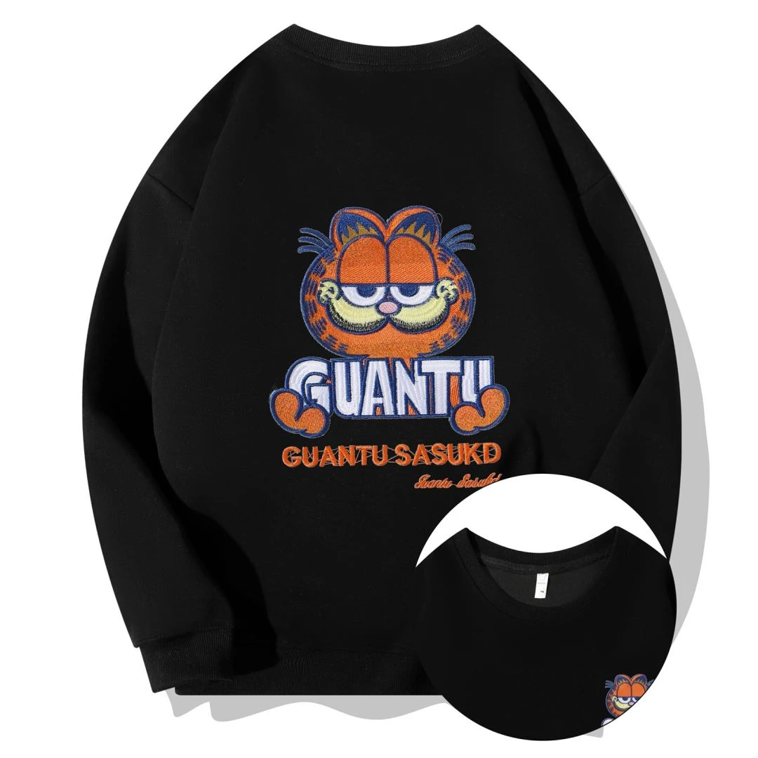 W329重磅420克刺绣加菲猫卫衣男女同款圆领套头潮牌情侣打底衫