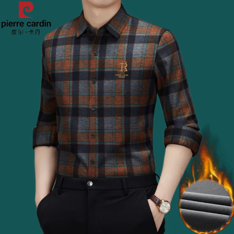 皮尔卡丹男士加绒加厚格子衬衫爸爸男款装保暖磨毛外穿衬衣外套潮