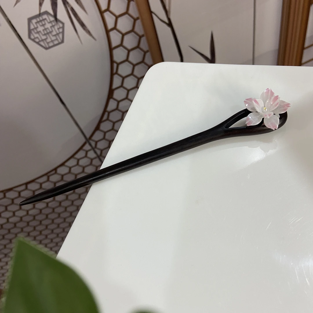 天然黑檀木发簪18cm【桃夭】双面小花日常百搭木簪4581