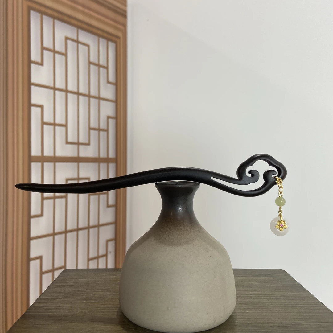 天然黑檀木发簪18cm【平安扣】国风简约日常百搭步摇中式盘发簪4334