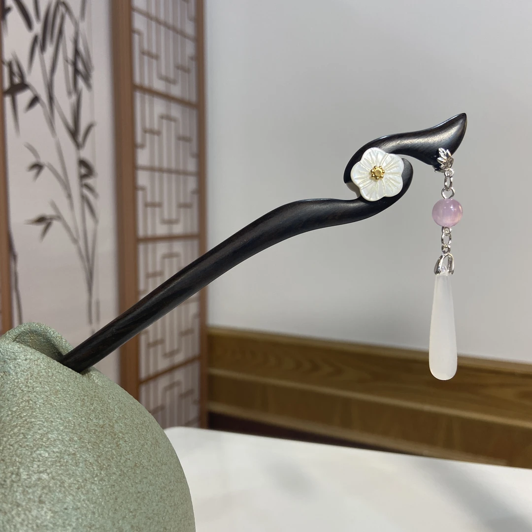 天然黑檀木发簪18cm【雅致】新中式日常简约百搭复古步摇盘发簪2454