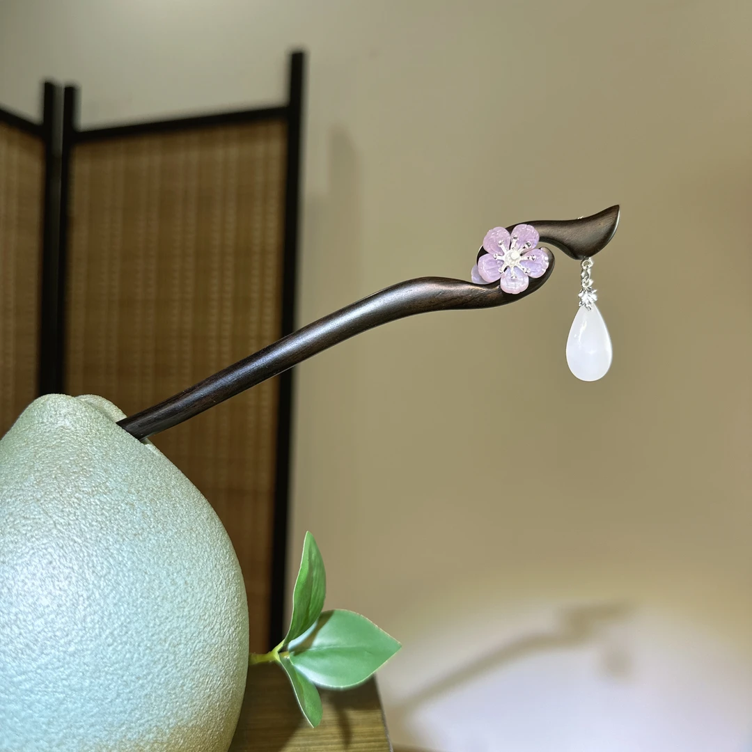 （双面）天然黑檀木发簪18cm【思宁】国风仙气水滴流苏新中式发簪6422