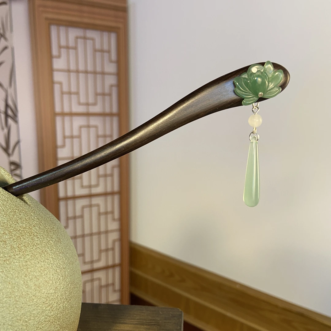 天然黑檀木发簪18cm【语芙】国风莲花简约步摇古典气质盘发簪3072