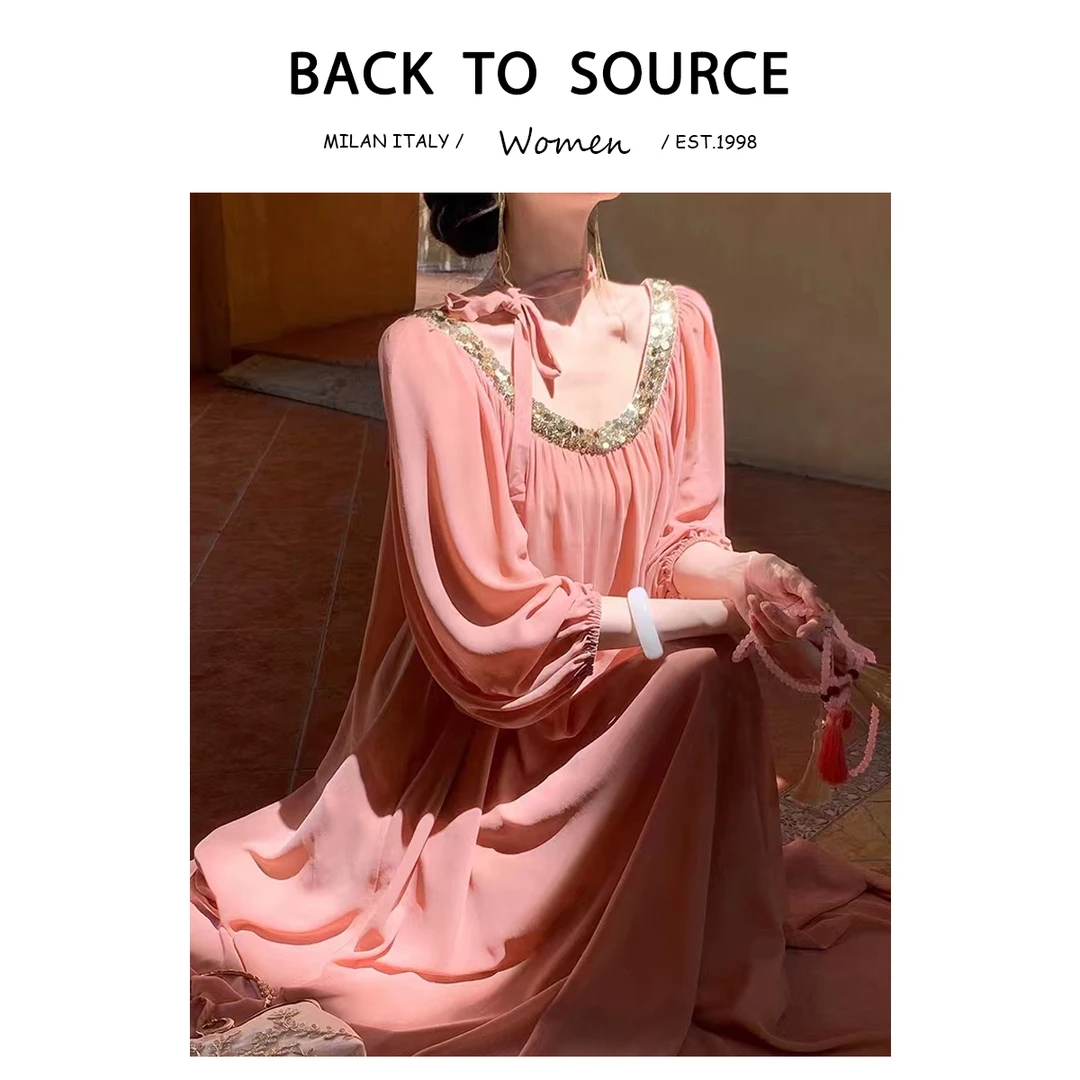 JCC【油画西西里】 亮片复古浪漫长袖连衣裙慵懒氛围感气质长裙秋