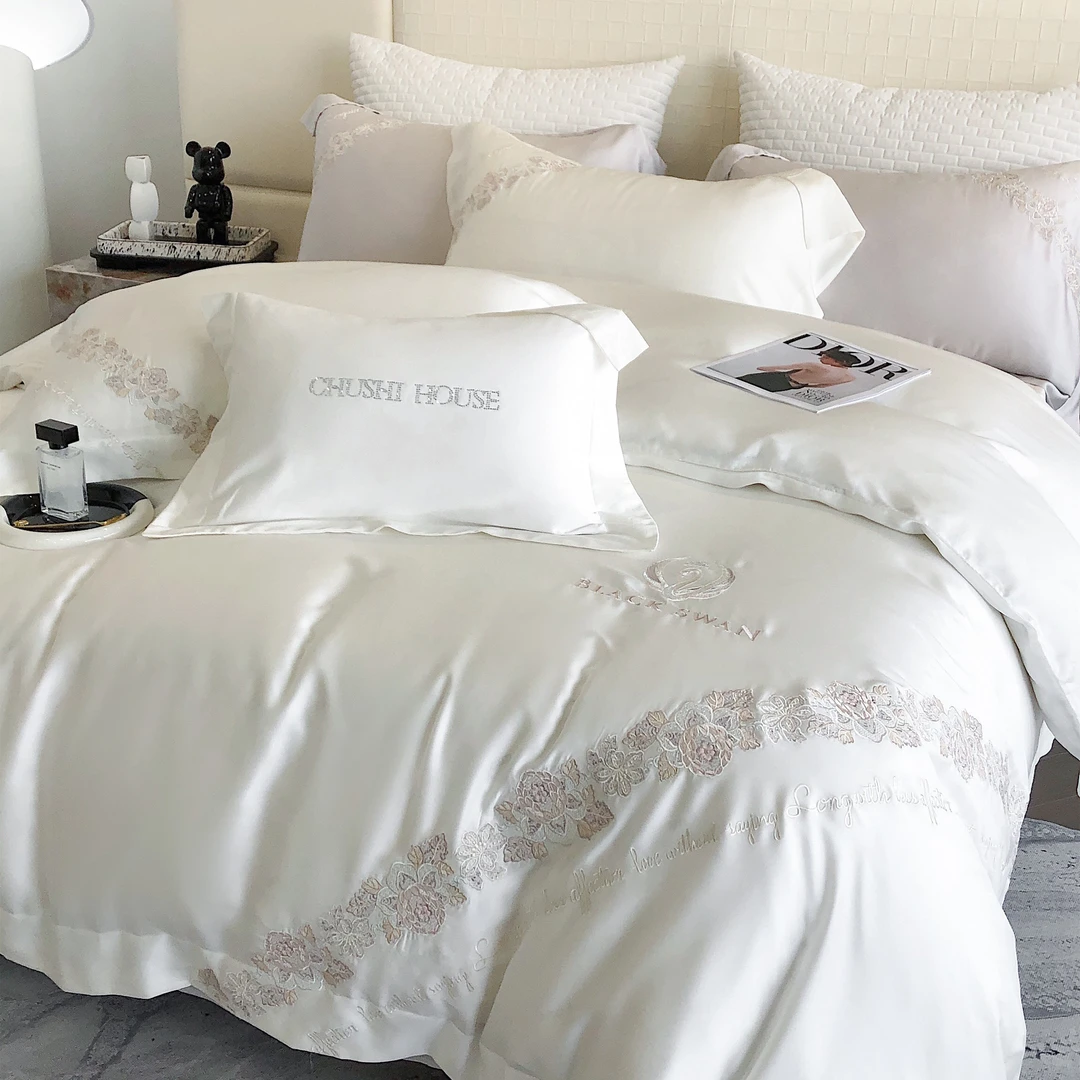 【初拾内销-欧若拉白】轻奢奥地利兰精天丝宽边刺绣工艺款四件套