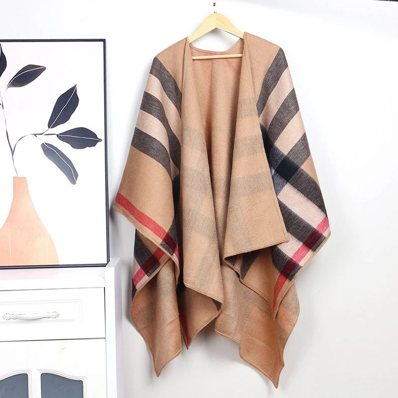 内蒙古纯羊毛披肩斗篷外套女秋冬季保暖双面格子披肩加大披风欧