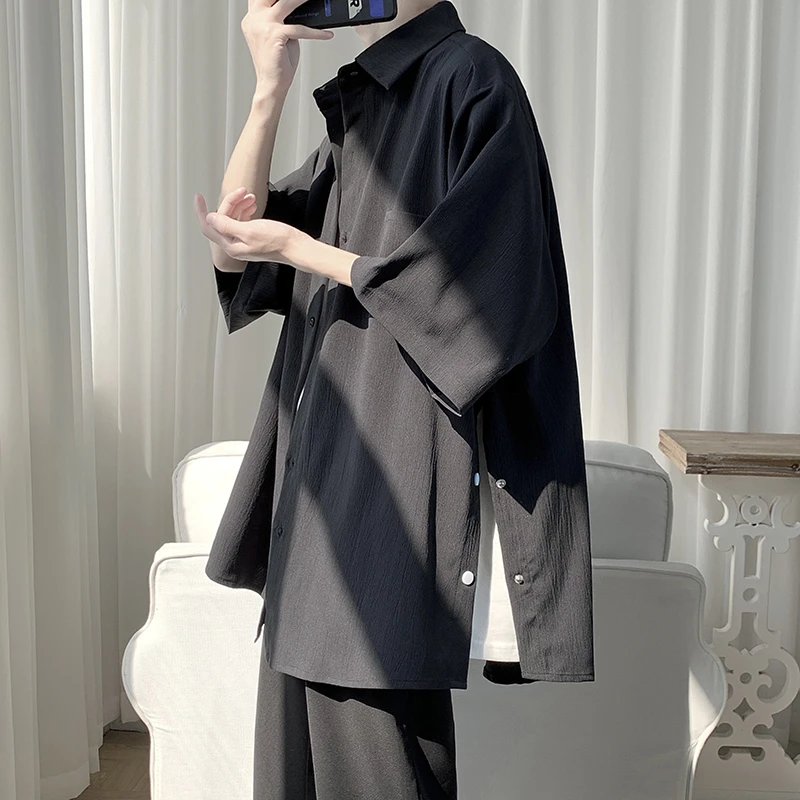 排扣开叉短袖衬衫男士款夏季设计感小众衬衣港风痞帅外套大码上衣