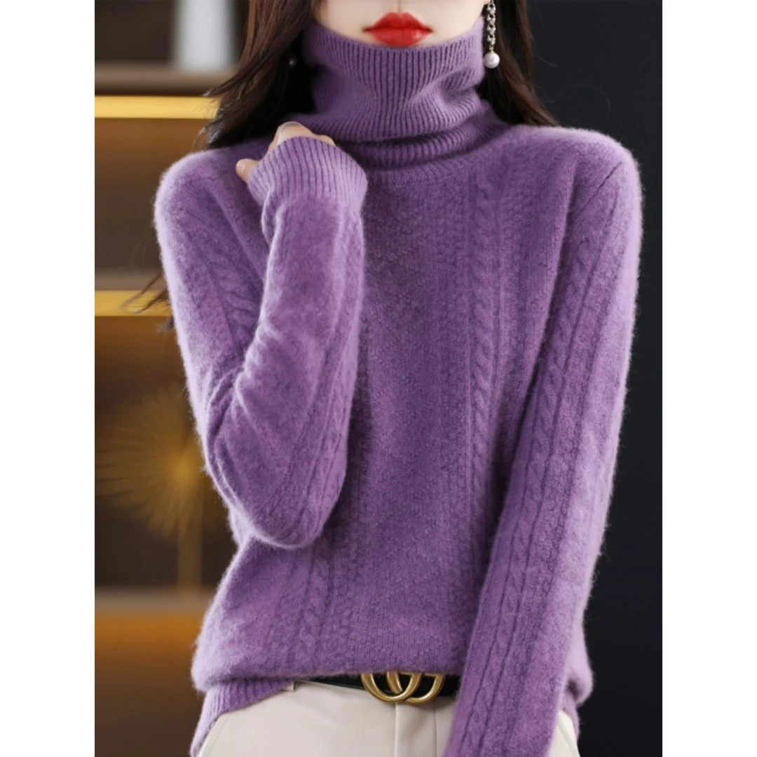 凡兵100%纯羊毛衫女加厚高领绞花毛衣针织打底衫女秋冬款上衣宽松