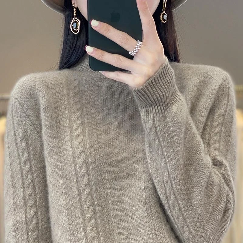 100%纯羊毛保暖加厚毛衣女新款麻花内穿打底宽松半高领针织衫百搭