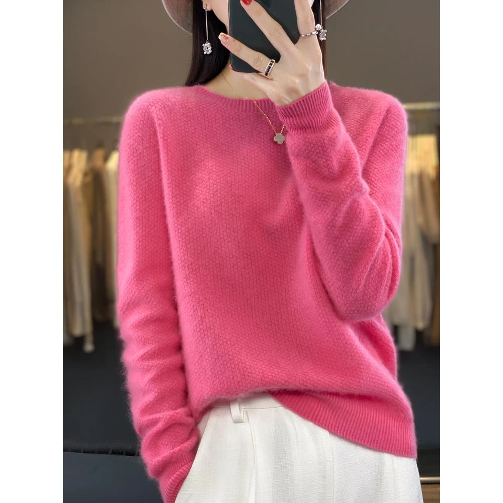 圆领新款100%纯羊毛针织打底衫女套头一线成衣宽松时尚显瘦毛衣潮