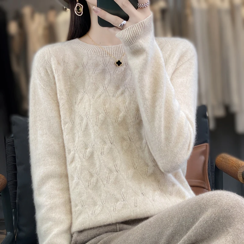 新款100%澳洲美丽诺羊毛针织圆领女宽松百搭羊毛衫长袖打底上衣