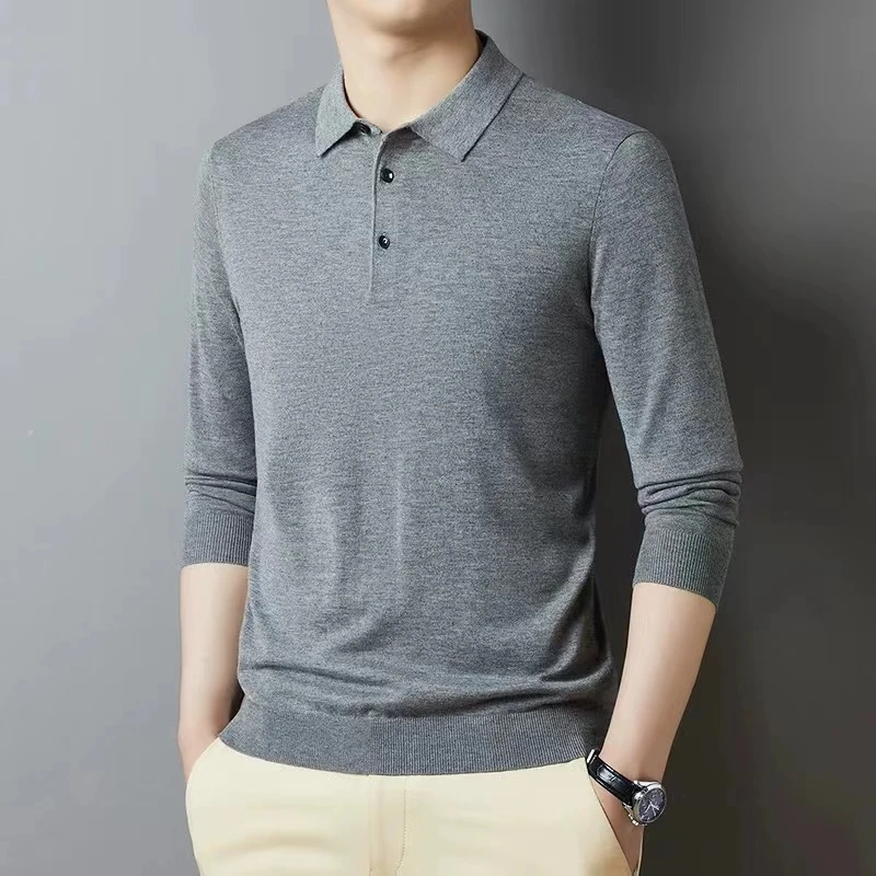 《精纺羊毛》新款男士翻领纯色针织薄款长袖羊毛针织衫商务休闲