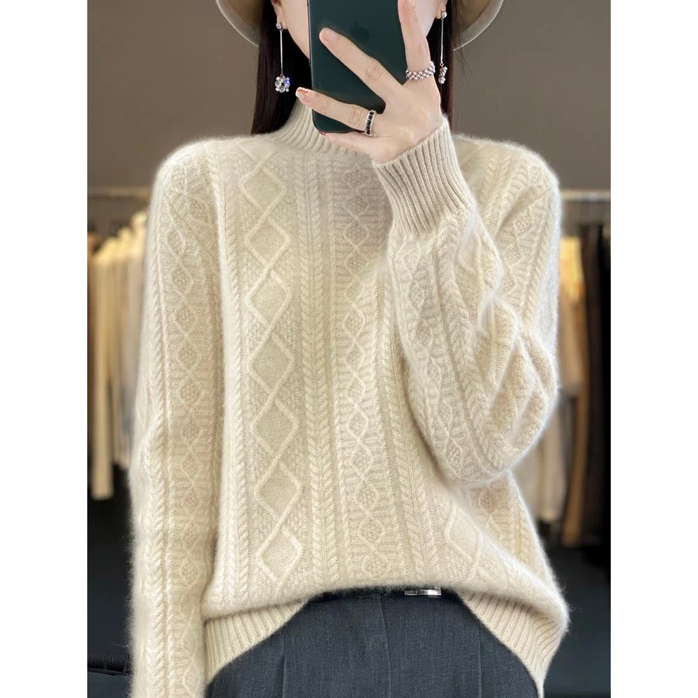 纯羊毛衫女士加厚2023年秋冬季新款麻花半高领套头针织宽松毛衣女