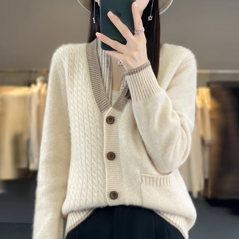 2024秋冬新款V领拼色100%羊毛针织开衫女宽松外搭毛衣外套上衣