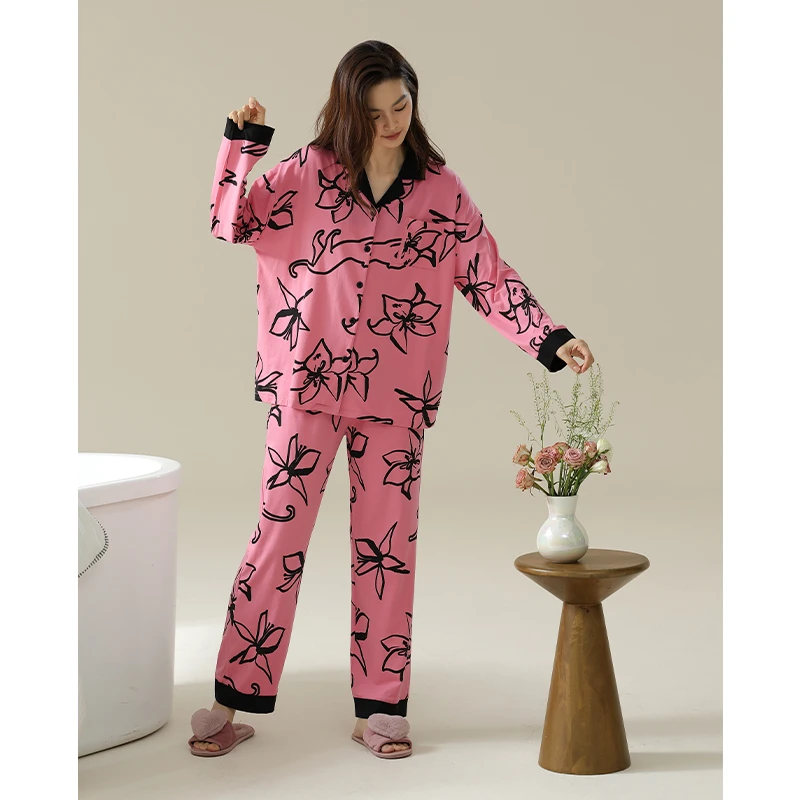 MILORD【粉色太阳花】休闲简约时尚睡衣女长袖长裤抗菌新疆棉家居服