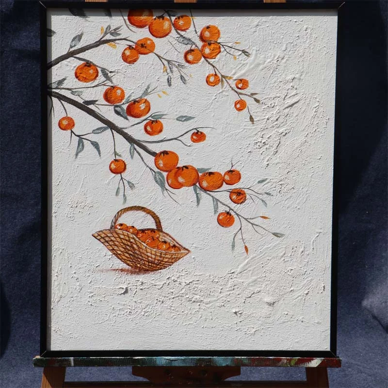 中式手绘柿柿如意餐厅装饰画中国风简约饭厅客厅油画餐厅装饰挂画