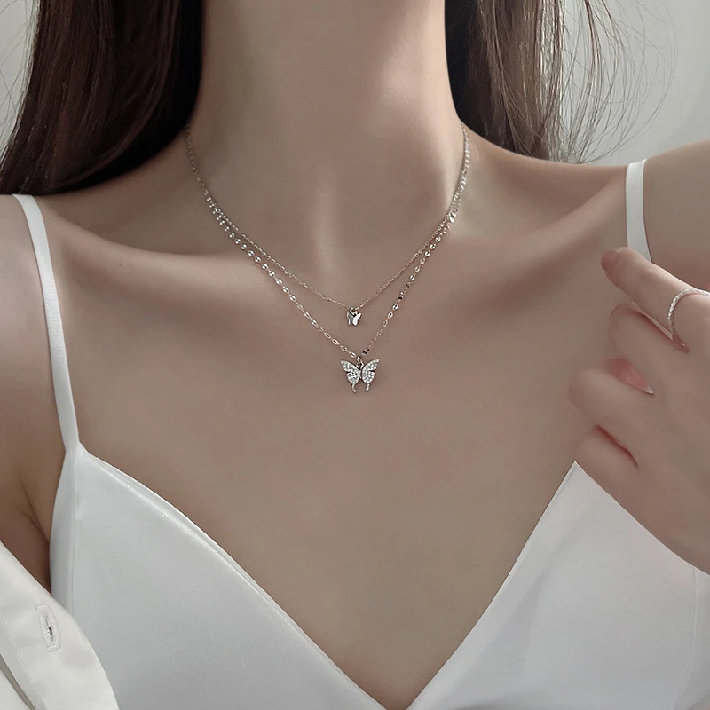 坠链均足银 999纯银双层蝴蝶项链女款轻奢生日纪念日礼物送女朋友