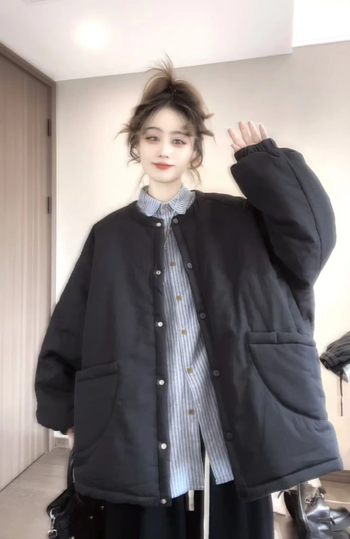 柚柚酱新款休闲百搭宽松两大口袋设计感圆领棉衣