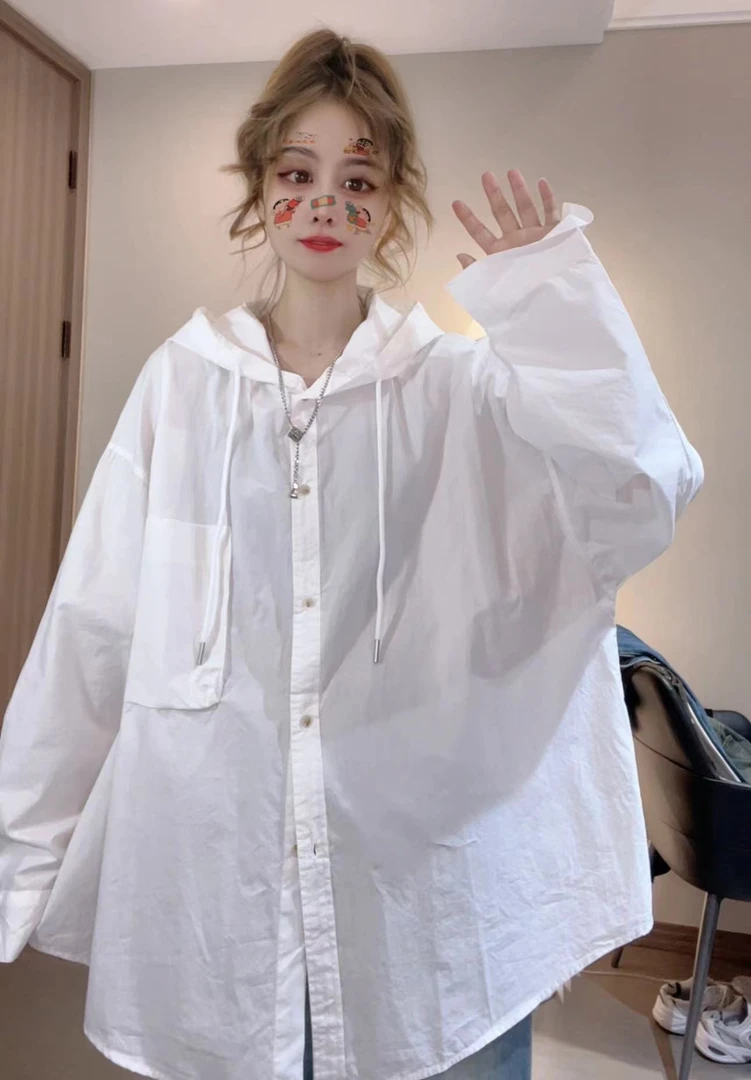 柚柚酱新款时尚休闲百搭宽松抽绳大口袋连帽衬衫