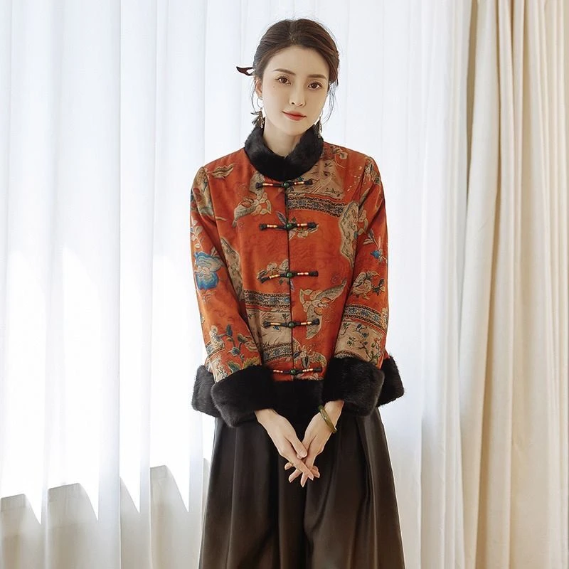 2024新中式棉衣女短款秋冬高档贵妇人拼接缎面毛毛领国风棉服外套