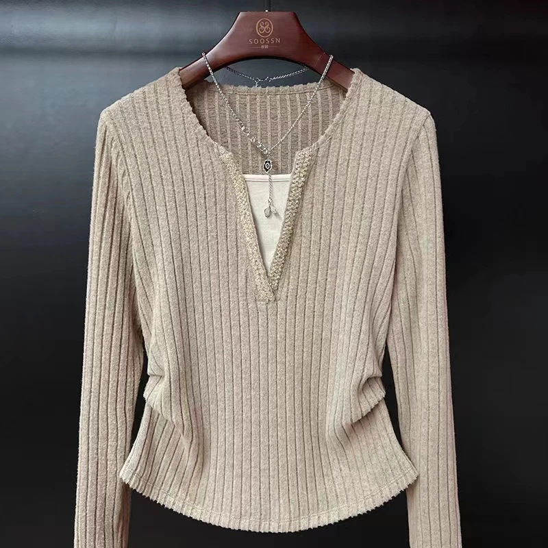 2025秋冬针织洋气磨毛新款时尚气质毛衣重工串珠假两件显瘦上衣潮