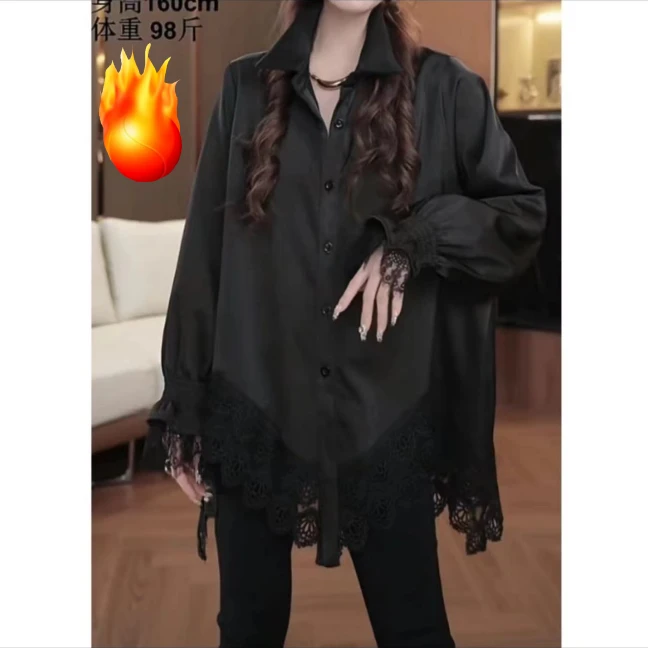 欧洲站2025秋冬新款百搭蕾丝拼接加绒中长款POLO领衬衫宽松上衣女