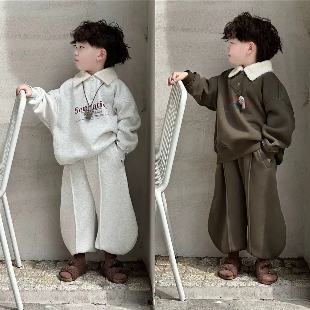 男童秋冬新款加绒加厚套装2024年男宝儿童秋冬季连帽外套长裤套装