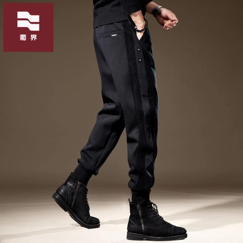 高端美式运动休闲卫裤男士宽松束脚秋冬加绒弹力灯芯绒拼接裤子男