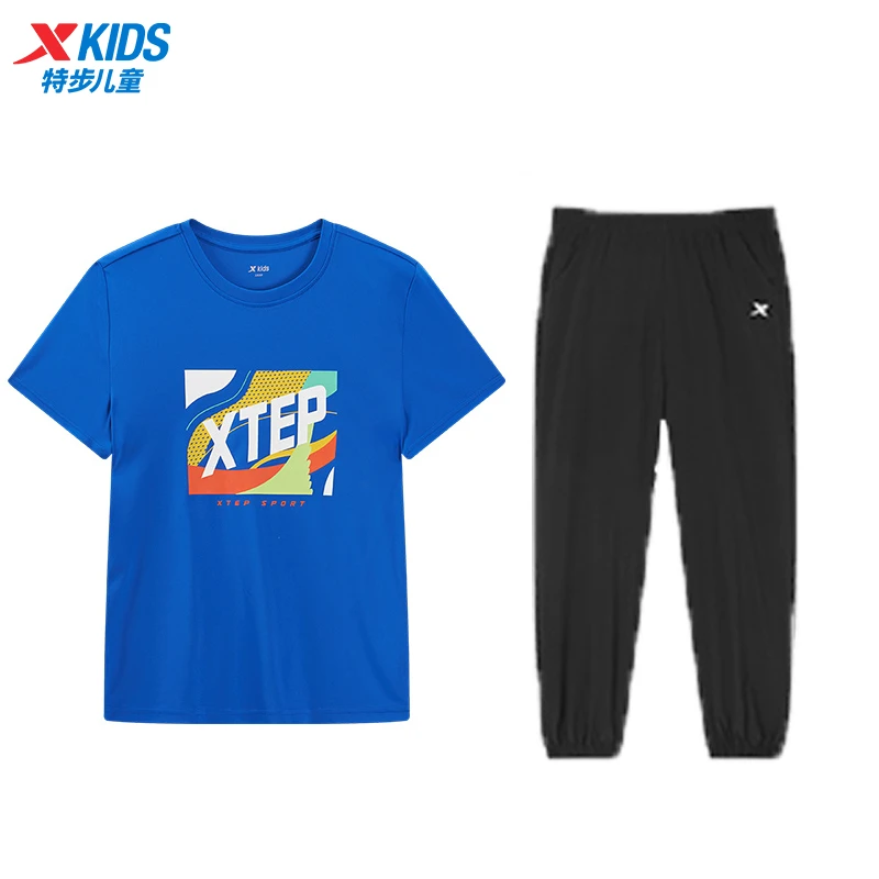 特步儿童短袖长裤套装春秋薄款防蚊裤男童运动速干休闲女童2件套