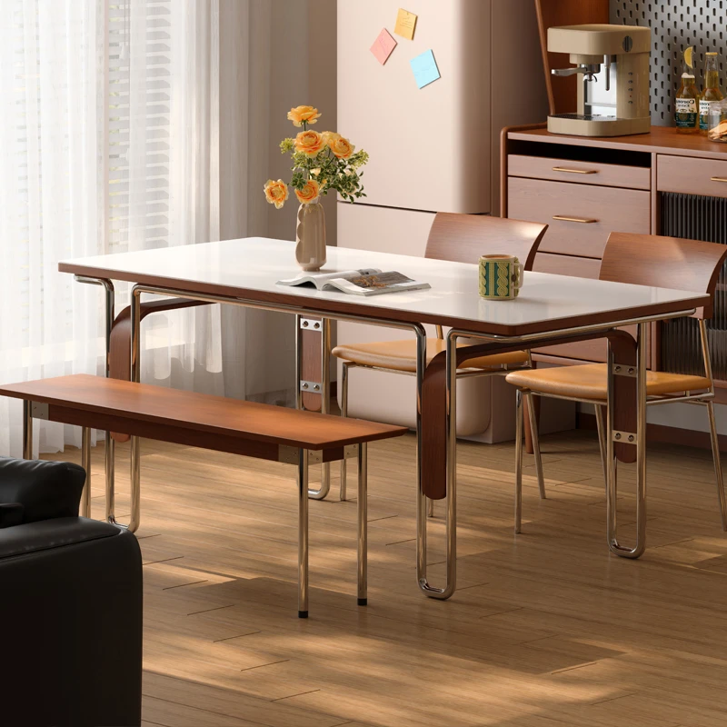 木小咖中法式岩板实木餐桌长方形现代简约实心不锈钢高端复古餐桌