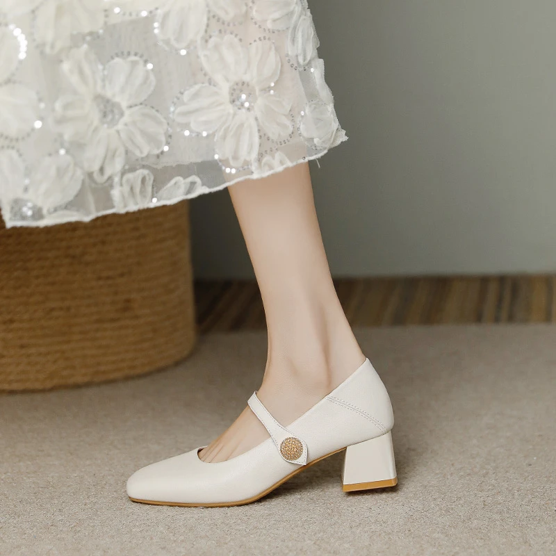 法式真皮玛丽珍跟鞋女粗跟方头2024秋冬新款浅口温柔中跟百搭单鞋