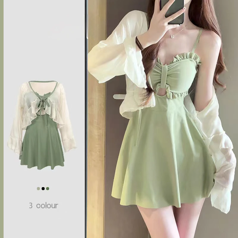 泳衣女连体显瘦保守裙式牛油果绿高级感性感泡温泉泳装大码200斤