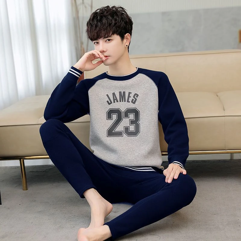 加绒加厚青少年男士保暖内衣初中学生大童套装全棉秋衣秋裤秋冬季