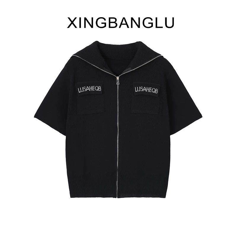 T819时尚运动风毛针织开衫夏季休闲百搭拉链设计感黑色小众上衣女