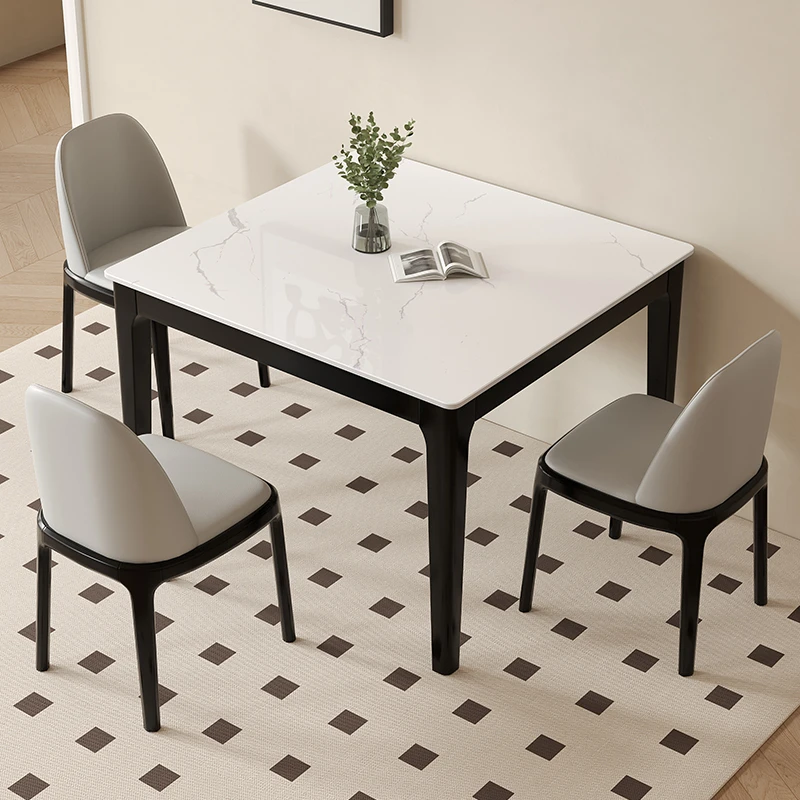 现代简约家用小户型岩板实木餐桌椅组合黑色客厅阳台打牌吃饭桌子