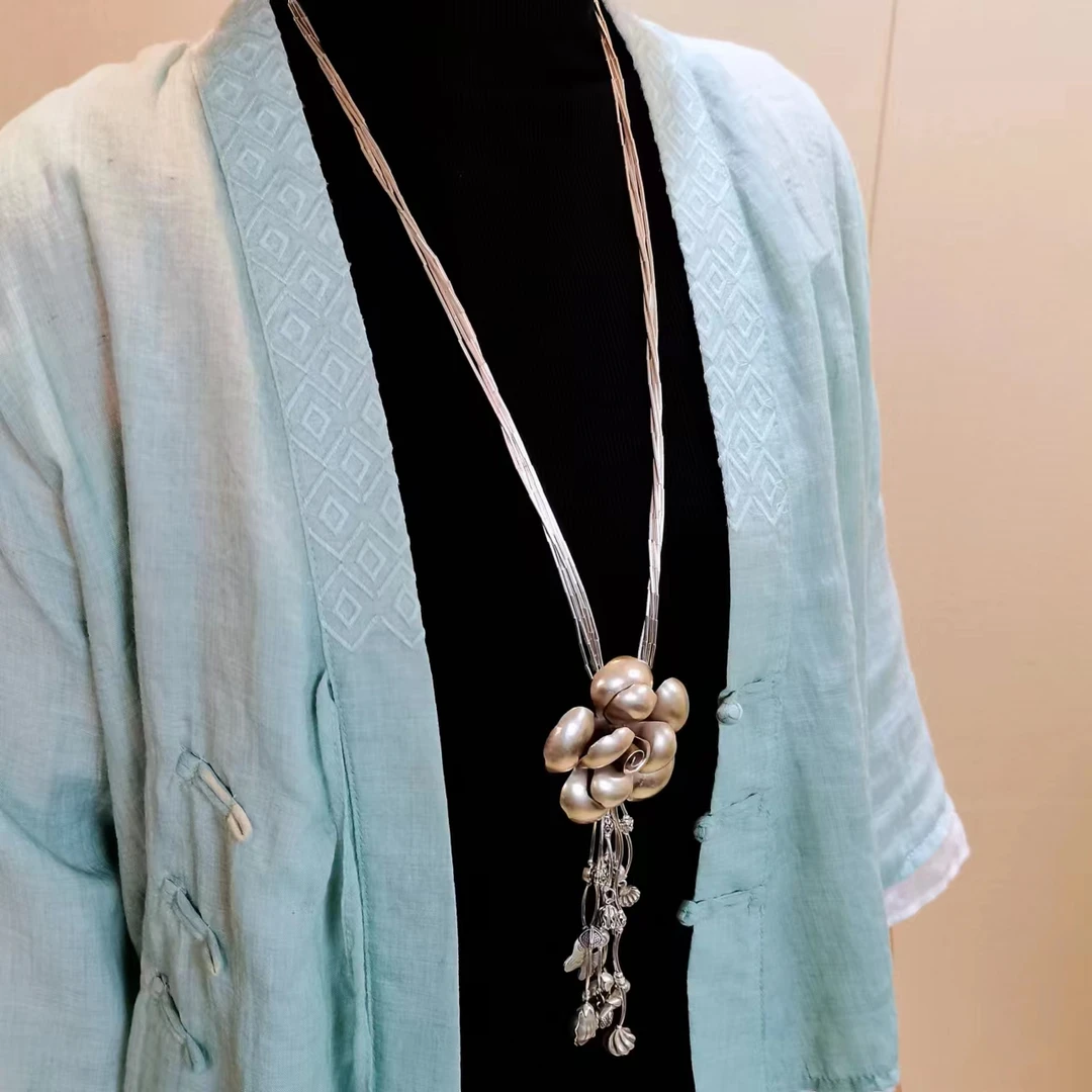 银之酷 坠链均925银 玫瑰花流苏毛衣链长款女复古宫廷风中古