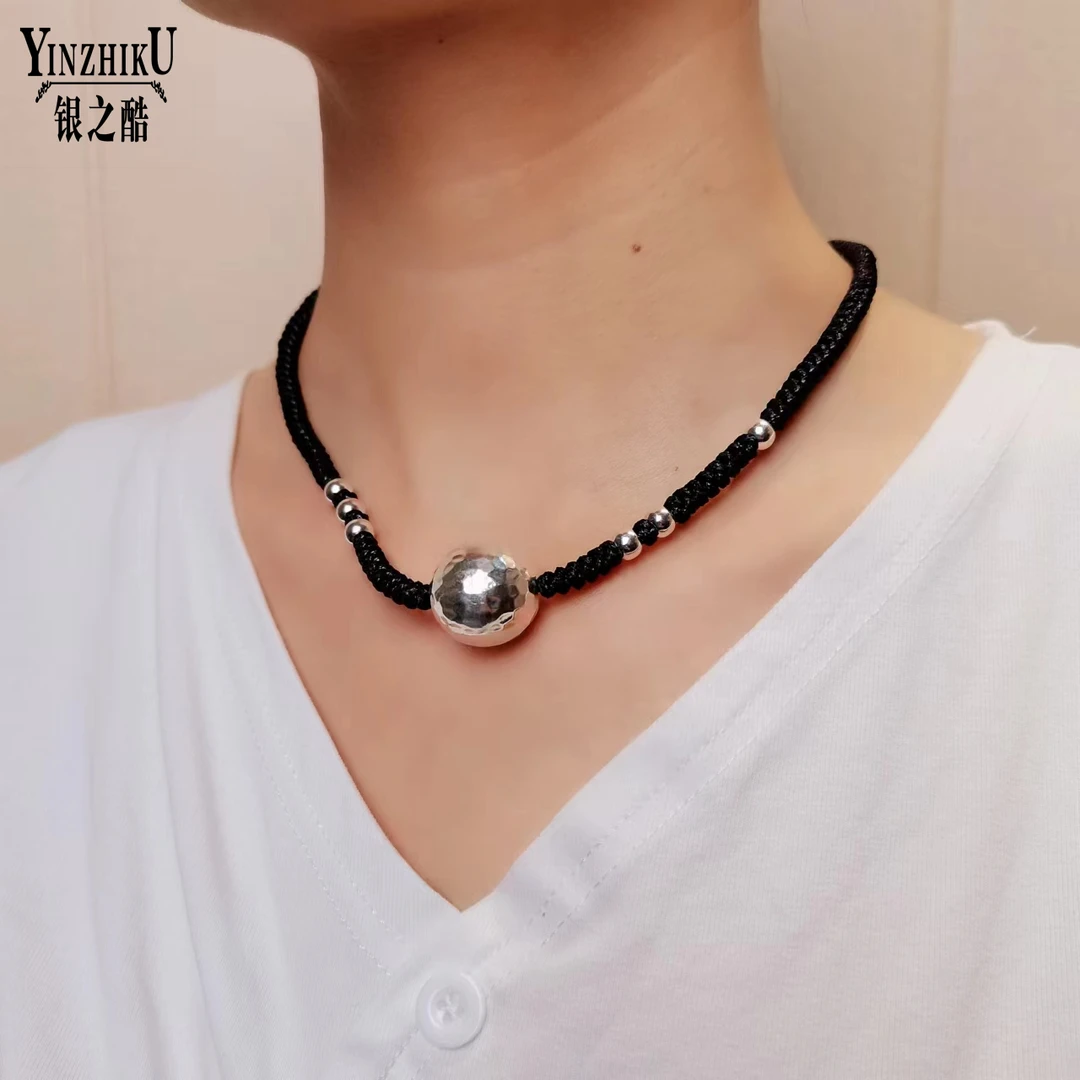 吊坠925银 925银坑面圆珠项链女时尚个性锁骨链简约大气银饰