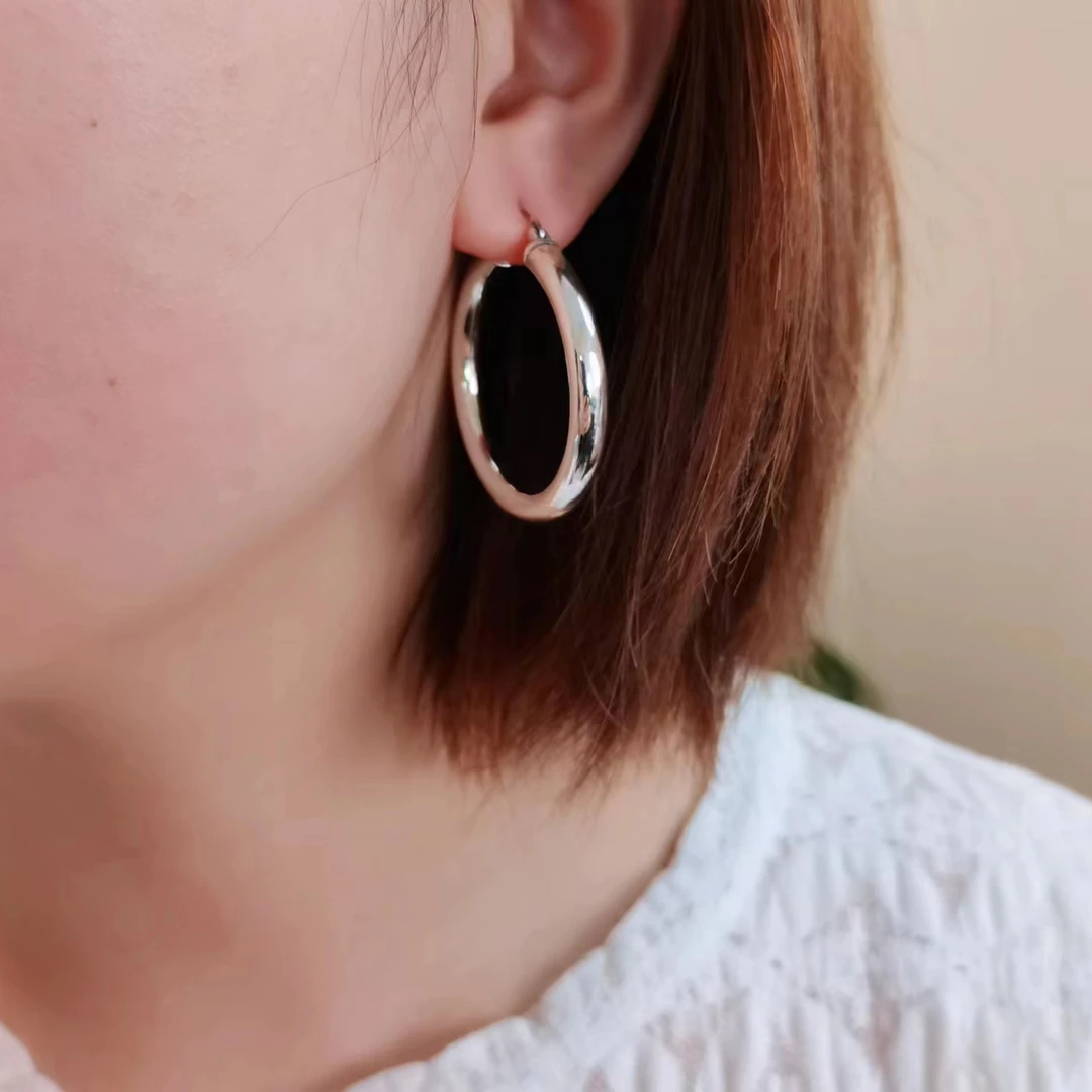 925银耳饰 925银大耳圈亮光面女时尚简约百搭民族风经典大气