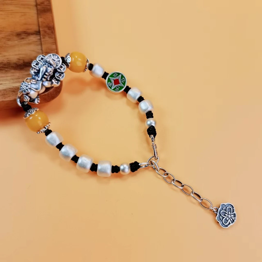 银之酷 925银手链 925银貔貅路路通手链古法银珠珠编织手链手工