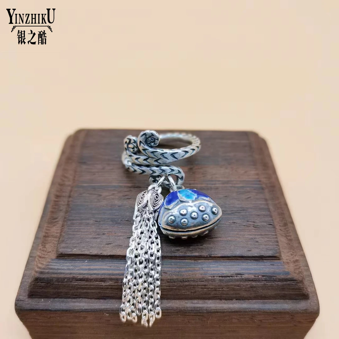 925银戒指 925银珐琅彩莲蓬流苏甩戒复古女民族风个性时尚做旧